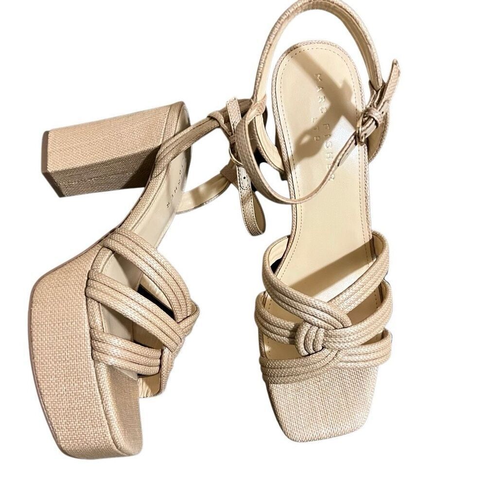 NIB Marc Fisher Women's Natural Cairo Ankle Strap Block Heel Platform Sandals 10